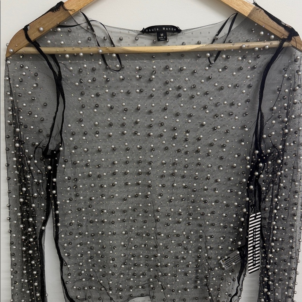 Haute Monde Black Sheer Pearl Embellished Crop Top